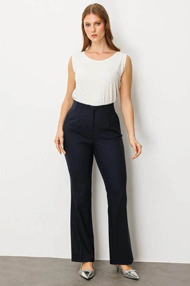 EKOL Kadın Büyük Beden Beli Kalın Lastikli İspanyol Paça Pantolon 1107 - Lacivert