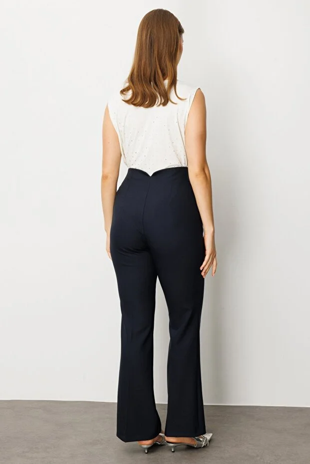 EKOL Kadın Büyük Beden Beli Kalın Lastikli İspanyol Paça Pantolon 1107 - Lacivert