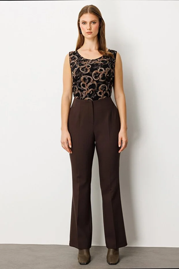 EKOL Kadın Büyük Beden Beli Kalın Lastikli İspanyol Paça Pantolon 1107 - kahve