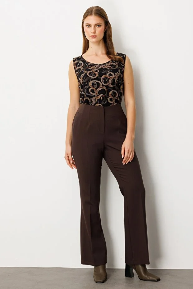 EKOL Kadın Büyük Beden Beli Kalın Lastikli İspanyol Paça Pantolon 1107 - kahve