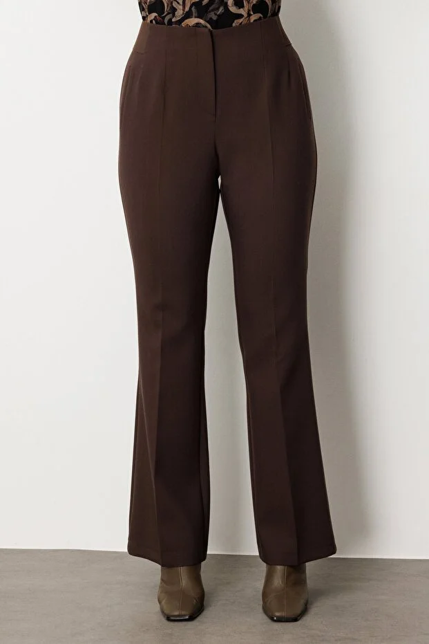 EKOL Kadın Büyük Beden Beli Kalın Lastikli İspanyol Paça Pantolon 1107 - kahve