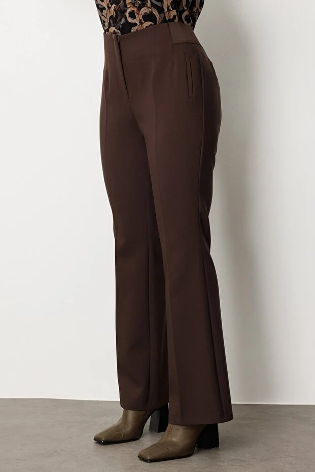 EKOL Kadın Büyük Beden Beli Kalın Lastikli İspanyol Paça Pantolon 1107 - kahve