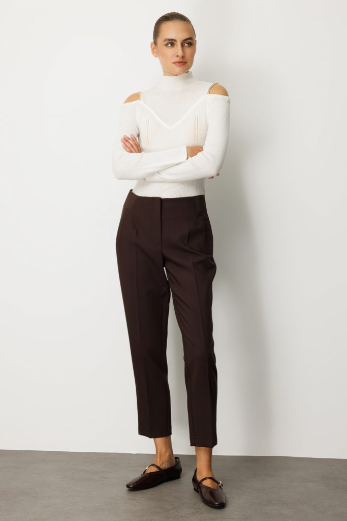 EKOL Beli Kalın Lastikli Dar Paça Pantolon  1109 - kahve