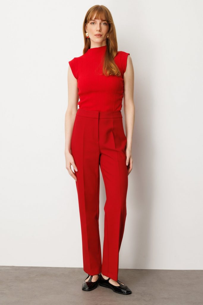 EKOL Kadın Düz Kesim Boru Paça Pantolon  5027 - KIRMIZI