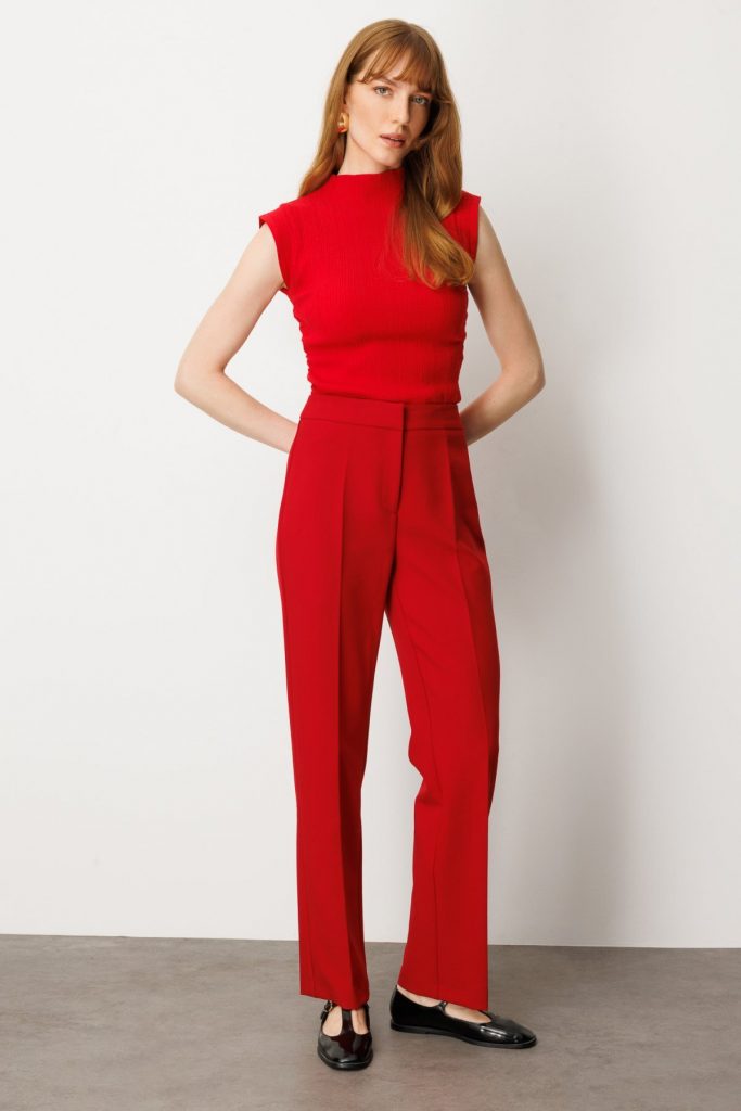 EKOL Kadın Düz Kesim Boru Paça Pantolon  5027 - KIRMIZI