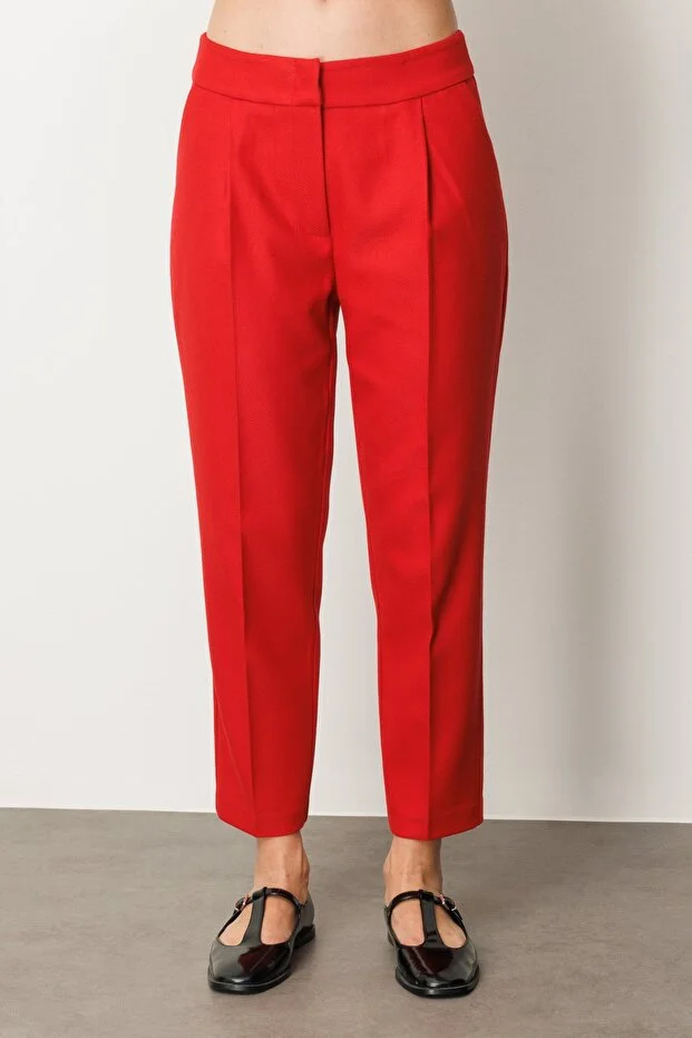 EKOL Yüksek Bel Dar Paça Kadın Pantolon 5055 - KIRMIZI
