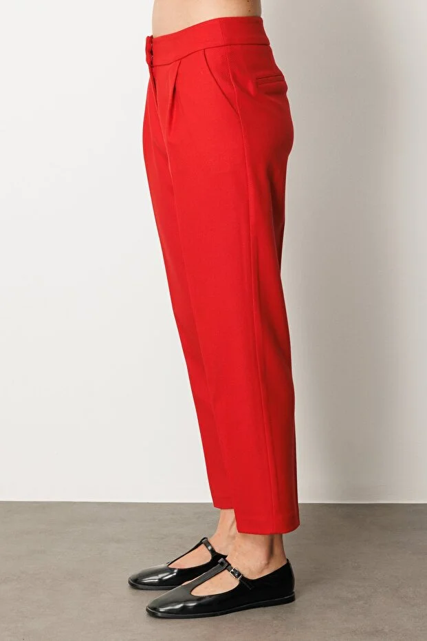 EKOL Yüksek Bel Dar Paça Kadın Pantolon 5055 - KIRMIZI