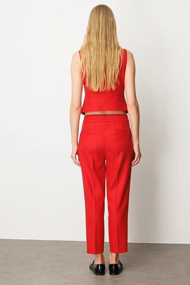 EKOL Yüksek Bel Dar Paça Kadın Pantolon 5055 - KIRMIZI