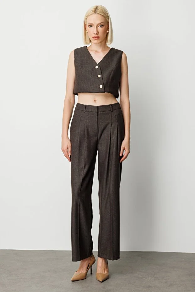 EKOL Çizgi Desenli Wide Leg Pantolon 5111 - kahve