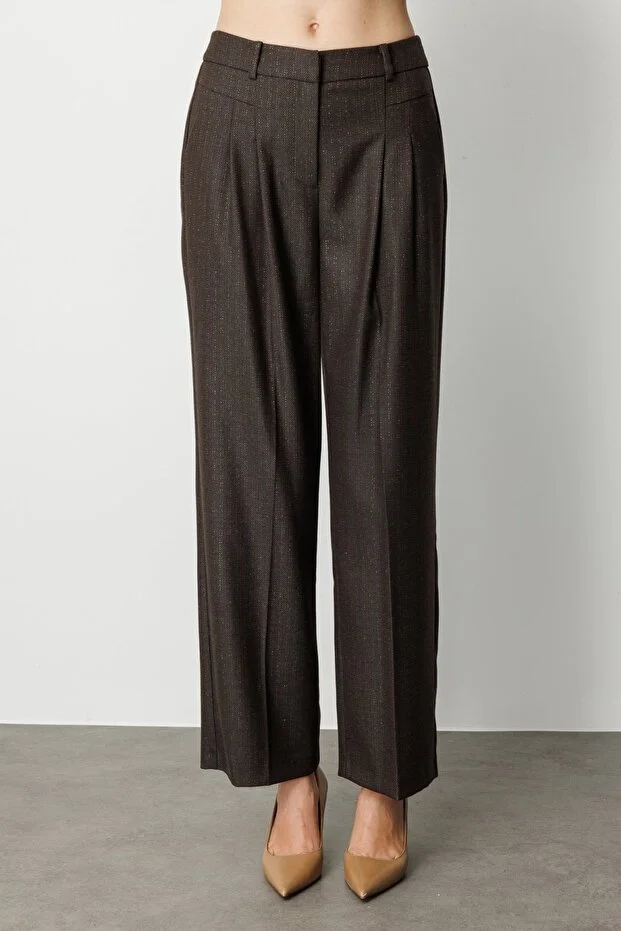 EKOL Çizgi Desenli Wide Leg Pantolon 5111 - kahve