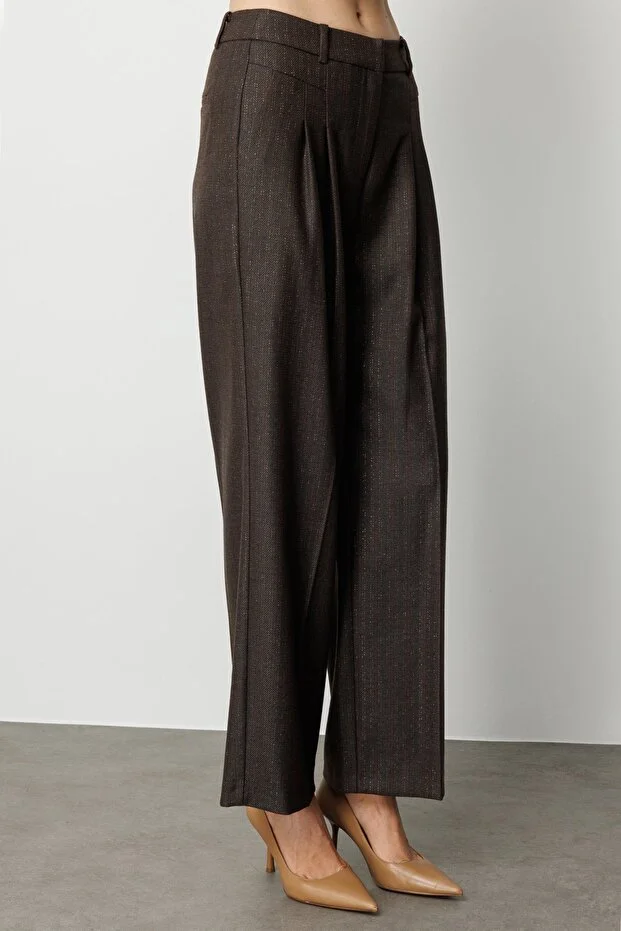 EKOL Çizgi Desenli Wide Leg Pantolon 5111 - kahve