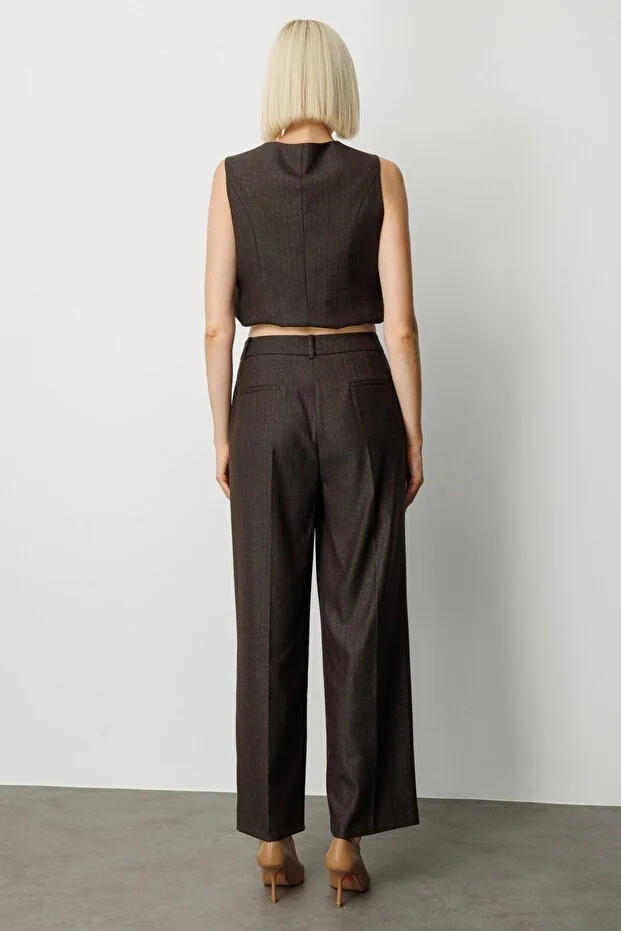 EKOL Çizgi Desenli Wide Leg Pantolon 5111 - kahve