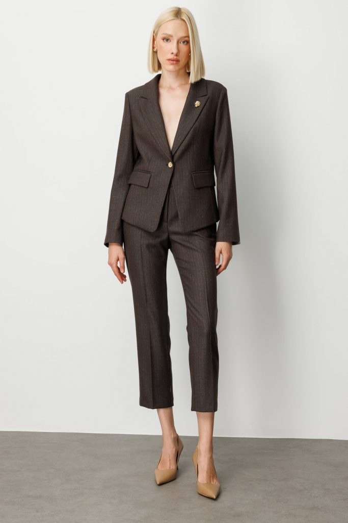 EKOL Çizgi Desenli Dar Paça Pantolon 5115 - kahve