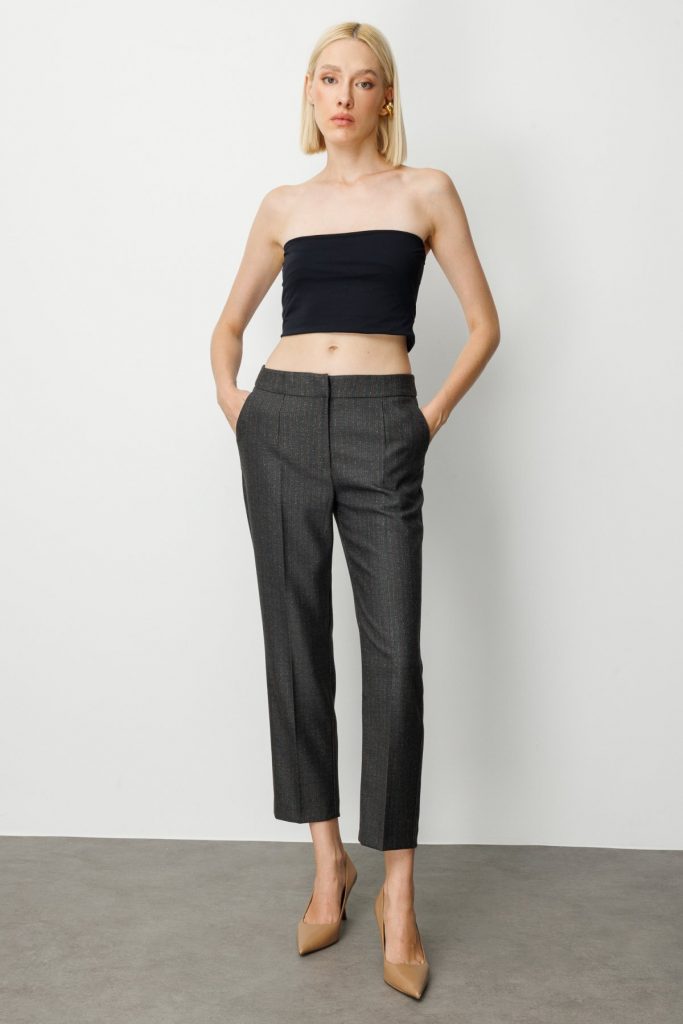 EKOL Çizgi Desenli Dar Paça Pantolon 5115 - Siyah