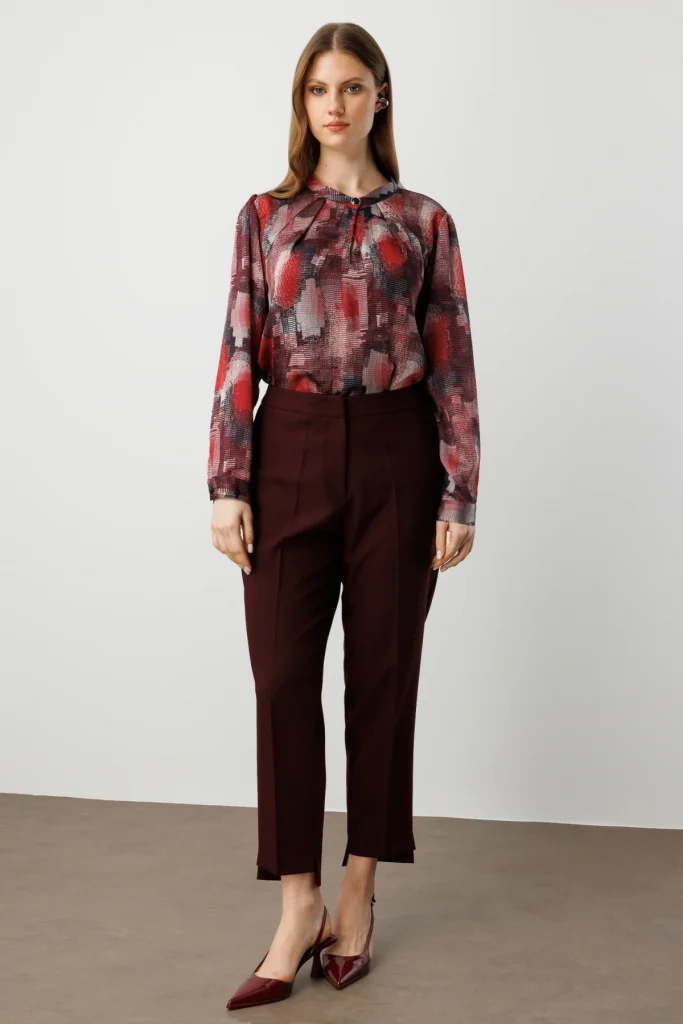 EKOL Beli Lastikli Dar Paça Kumaş Pantolon 5531 - bordo