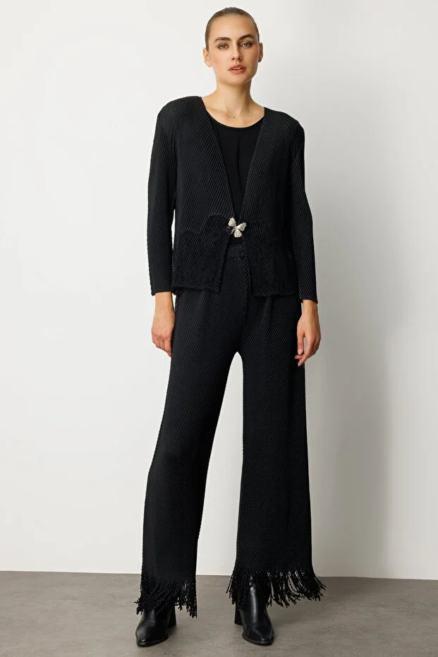 EKOL Akordiyon Kumaş Paçası Püsküllü Pantolon 5907 - Siyah