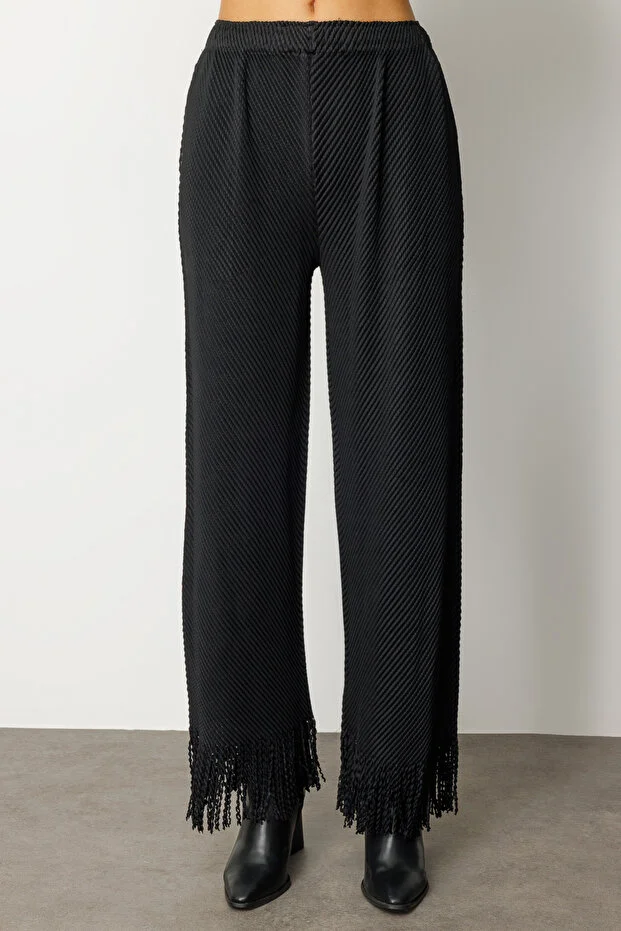 EKOL Akordiyon Kumaş Paçası Püsküllü Pantolon 5907 - Siyah