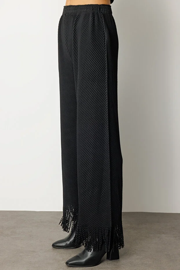EKOL Akordiyon Kumaş Paçası Püsküllü Pantolon 5907 - Siyah
