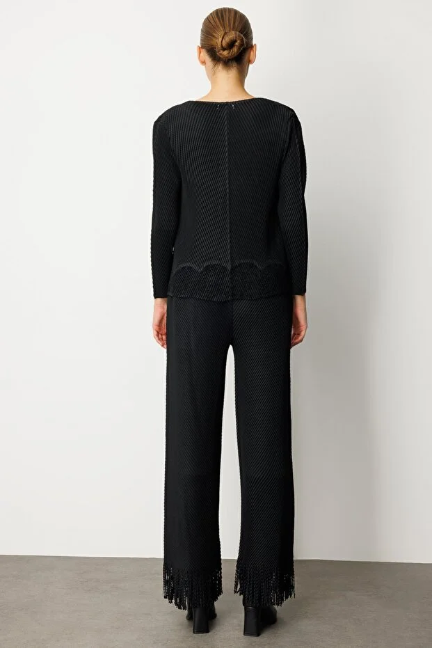 EKOL Akordiyon Kumaş Paçası Püsküllü Pantolon 5907 - Siyah