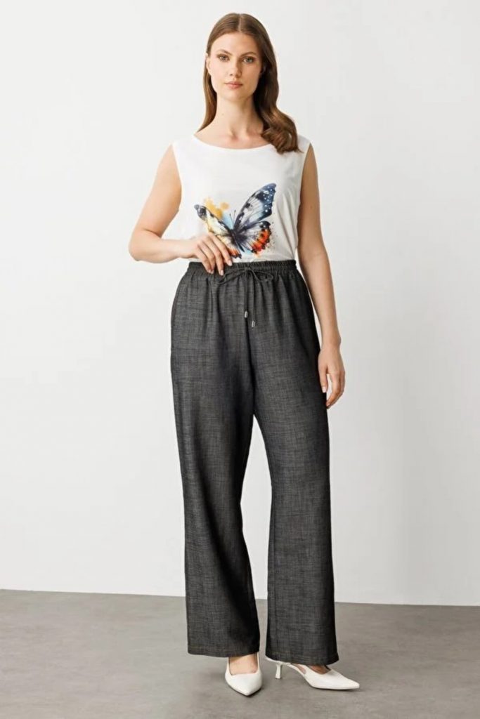 EKOL Beli Lastikli Bol Paça Pantolon7550 B.B - Siyah