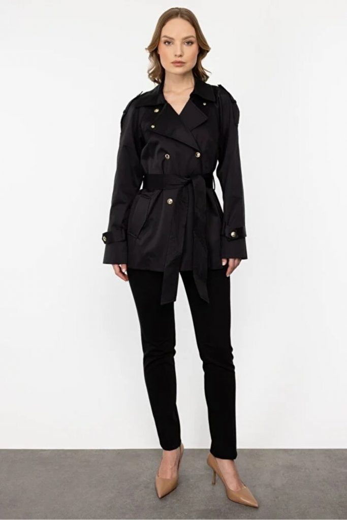 EKOL Regular Fit Çıtçıtlı Ve Kuşaklı Kadın Trençkot 6182 - Siyah