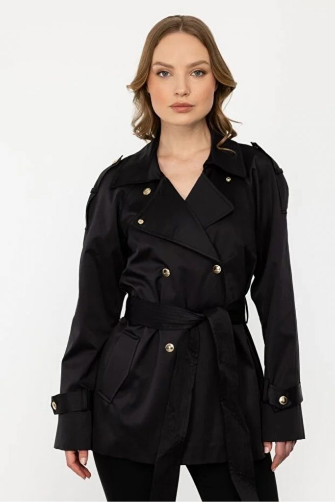 EKOL Regular Fit Çıtçıtlı Ve Kuşaklı Kadın Trençkot 6182 - Siyah