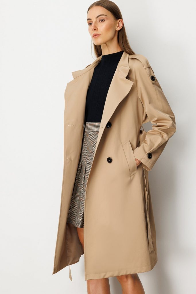 EKOL Dik Yaka Beli Kuşaklı Trençkot  7003 - camel