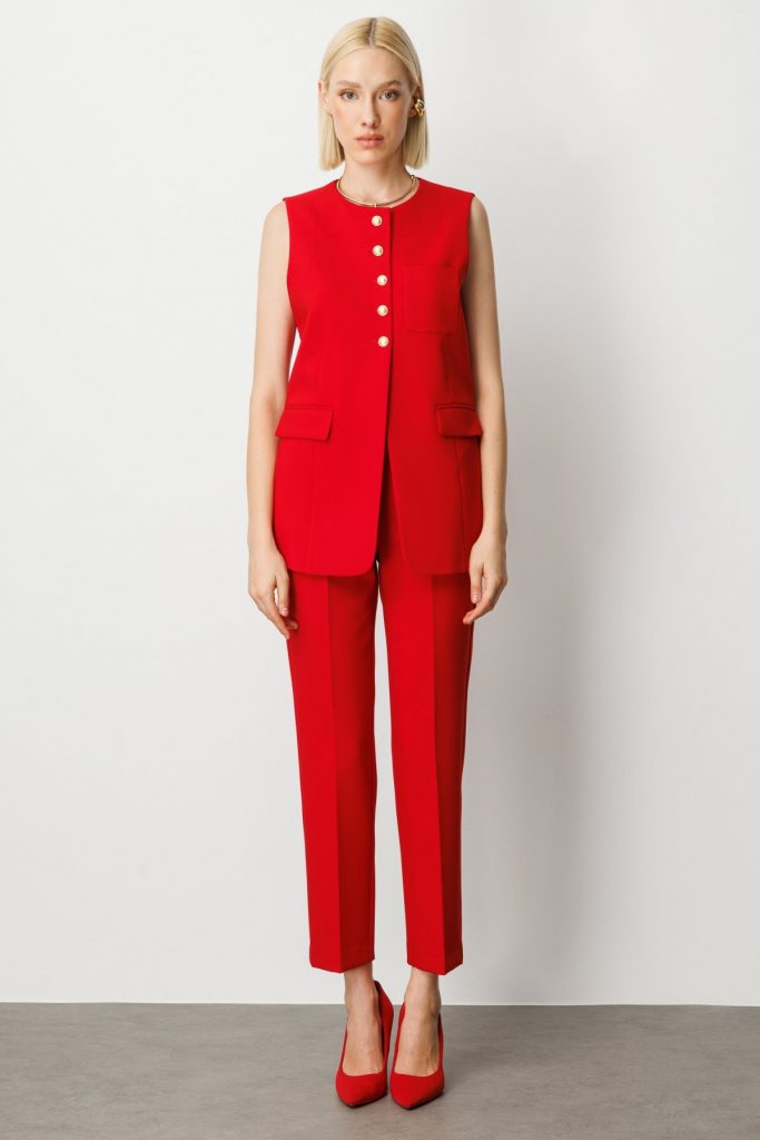 EKOL Önü Düğmeli Kapak Cepli Yelek  5007 - KIRMIZI