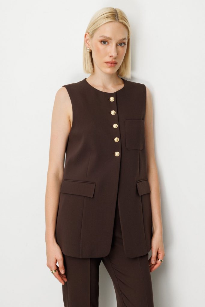 EKOL Önü Düğmeli Kapak Cepli Yelek  5007 - kahve