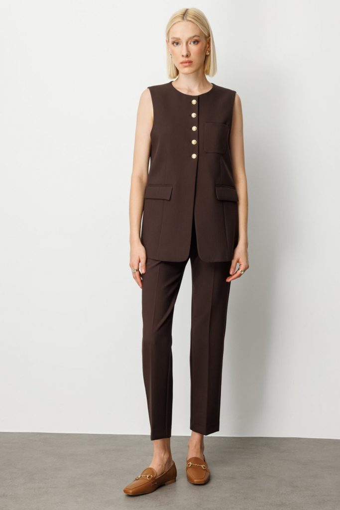 EKOL Önü Düğmeli Kapak Cepli Yelek  5007 - kahve