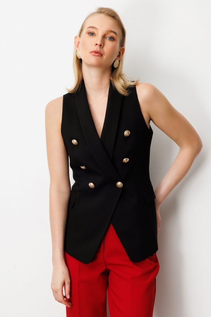 EKOL Kruvaze Yaka Kapak Cepli Yelek 5009 - Siyah