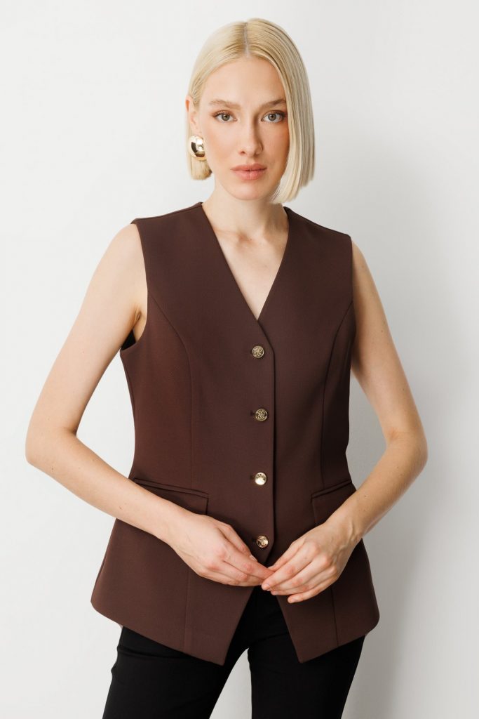 EKOL Kadın Kapak Cepli V Yaka Yelek 5037 - kahve