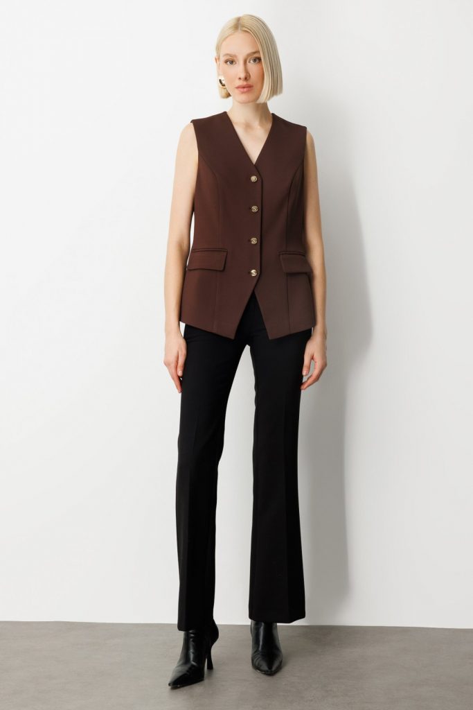 EKOL Kadın Kapak Cepli V Yaka Yelek 5037 - kahve