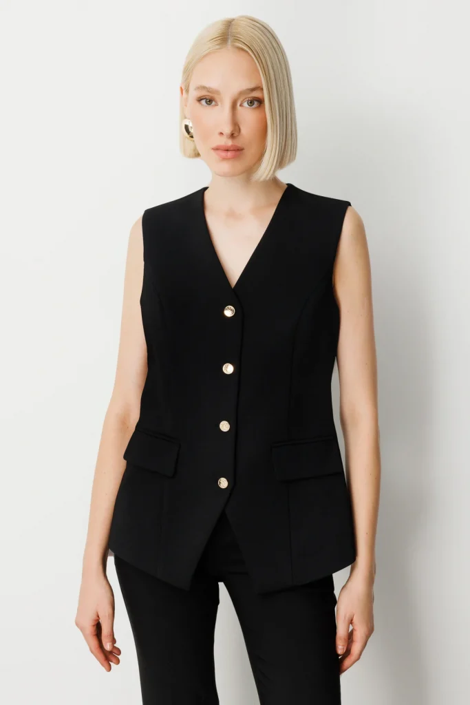 EKOL Kadın Kapak Cepli V Yaka Yelek 5037 - Siyah