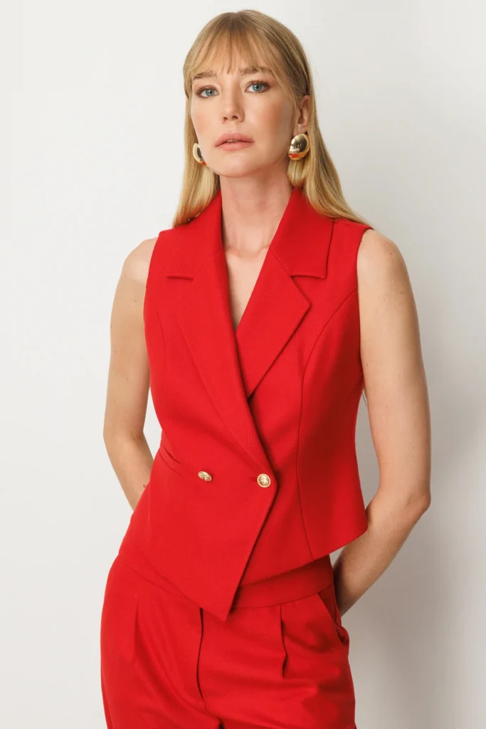 EKOL Kruvaze Yaka İnce Fitilli Yelek 5053 - KIRMIZI