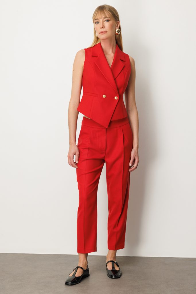 EKOL Kruvaze Yaka İnce Fitilli Yelek 5053 - KIRMIZI