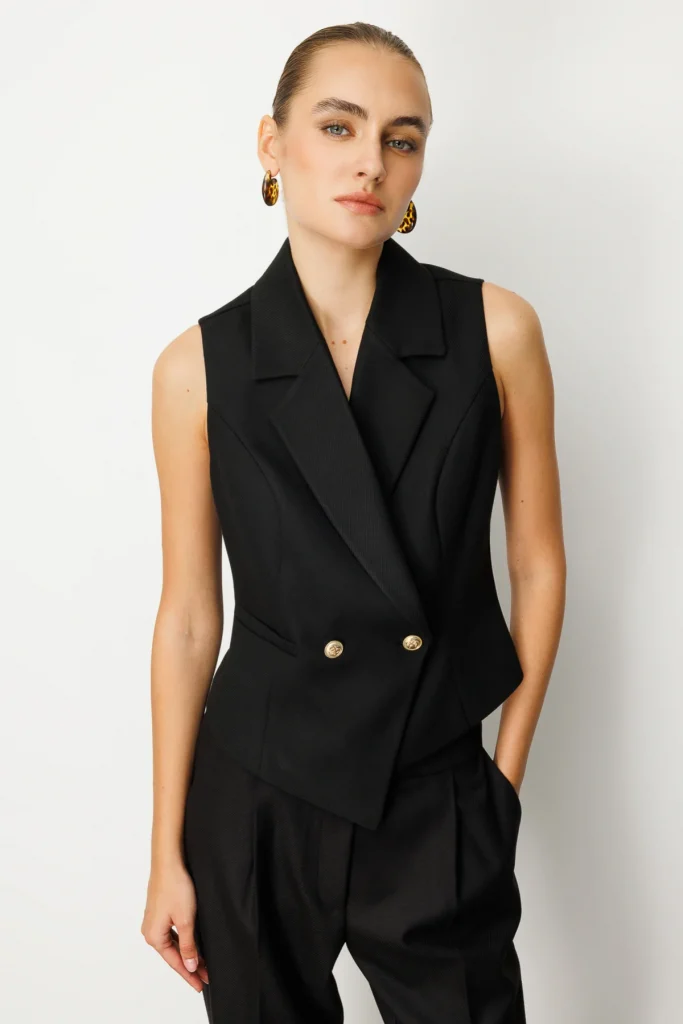 EKOL Kruvaze Yaka İnce Fitilli Yelek 5053 - Siyah