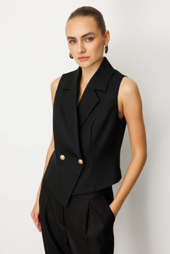 EKOL Kruvaze Yaka İnce Fitilli Yelek 5053 - Siyah