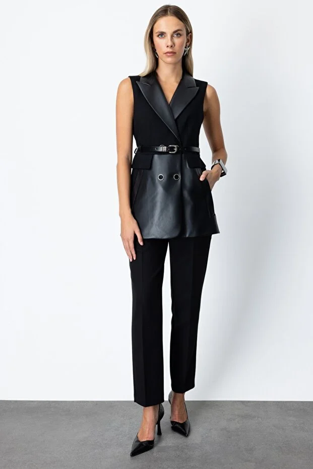 EKOL Beli Kemerli Deri Detaylı Yelek 5089 - Siyah