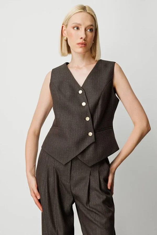 EKOL Çizgi Desenli V Yaka Yelek 5109