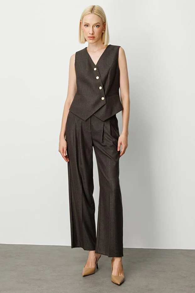 EKOL Çizgi Desenli V Yaka Yelek 5109 - kahve