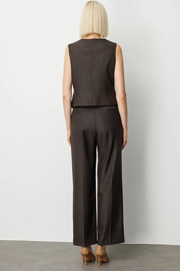 EKOL Çizgi Desenli V Yaka Yelek 5109 - kahve