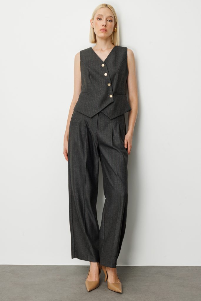 EKOL Çizgi Desenli V Yaka Yelek 5109 - Siyah