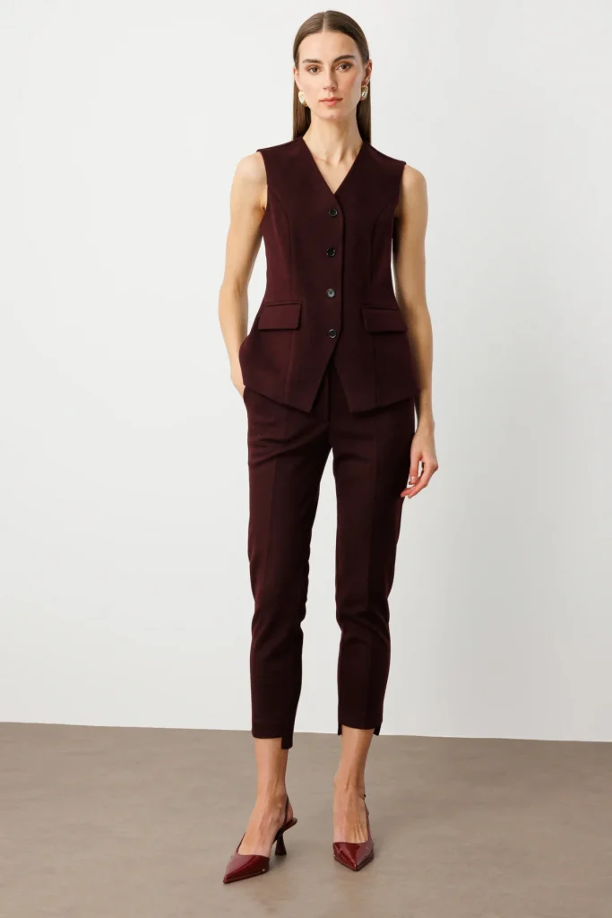 EKOL V Yaka Kapak Cepli Yelek 5195 - bordo