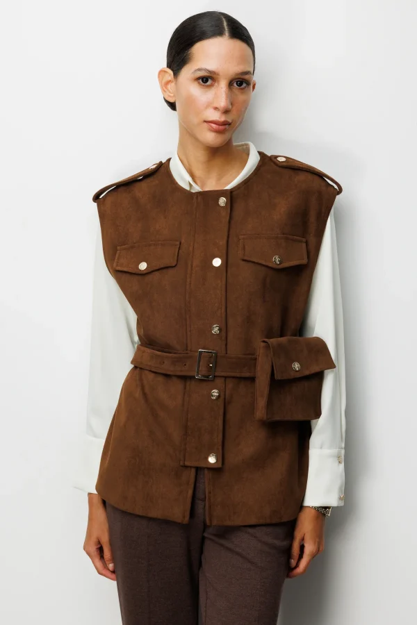 EKOL Beli Kemerli Çantalı Süet Yelek 8027