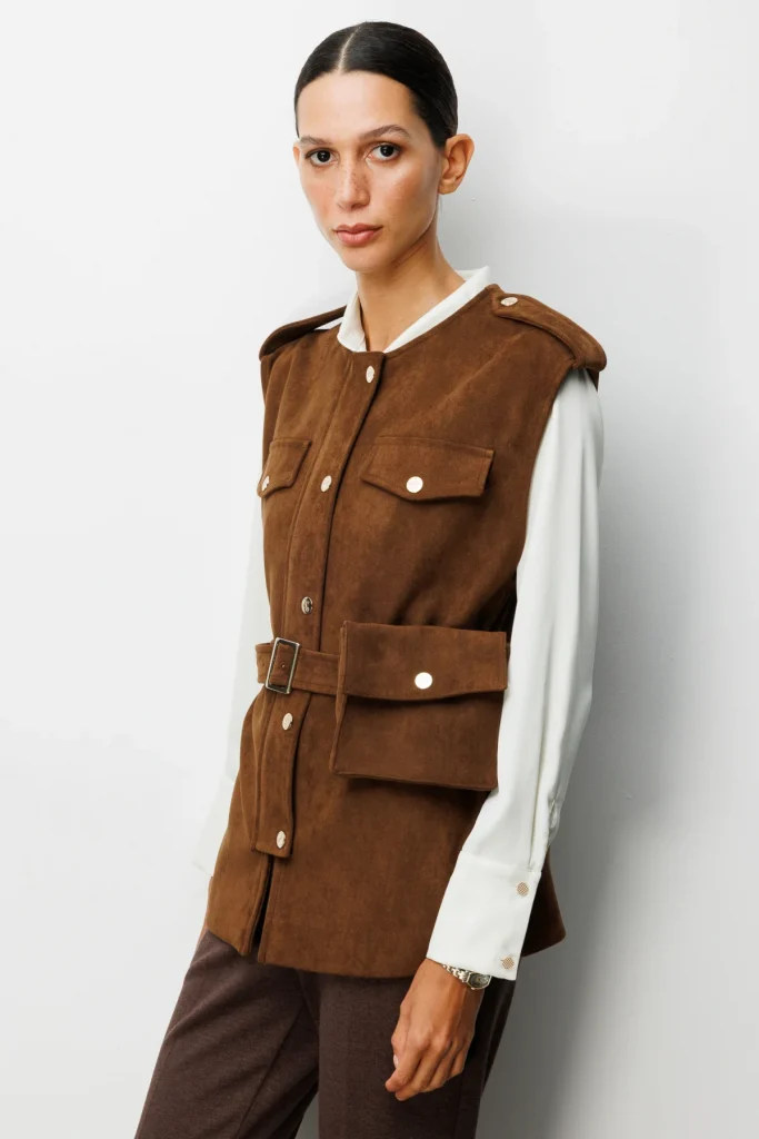 EKOL Beli Kemerli Çantalı Süet Yelek 8027 - taba