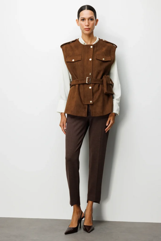 EKOL Beli Kemerli Çantalı Süet Yelek 8027 - taba