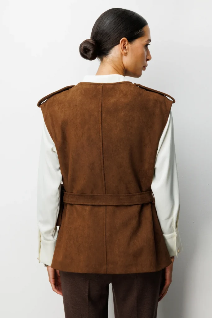 EKOL Beli Kemerli Çantalı Süet Yelek 8027 - taba