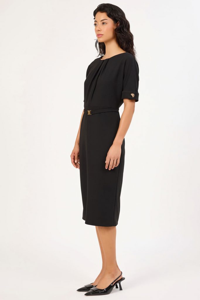 FEVER Pile detaylı kemerli midi elbise 16026 - Siyah