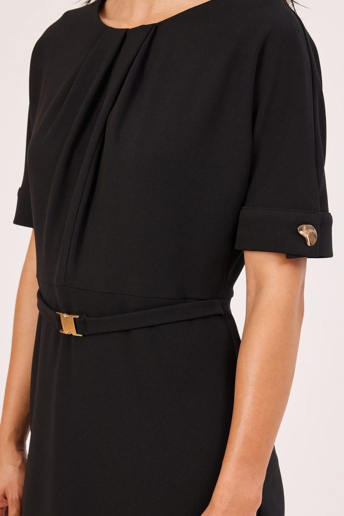 FEVER Pile detaylı kemerli midi elbise 16026 - Siyah